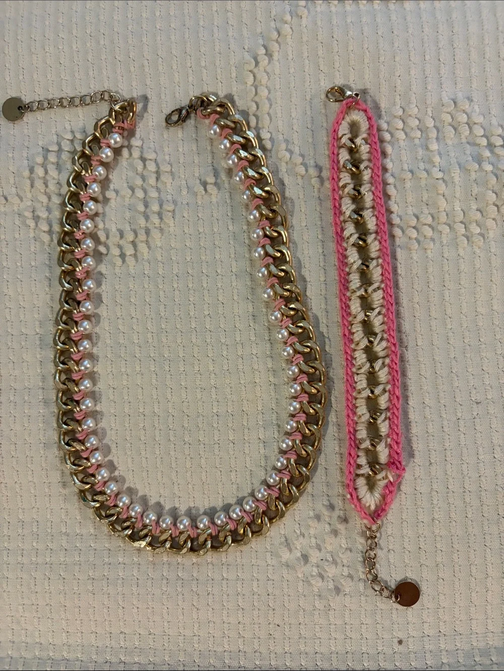 Gold Chain Necklace with Pink Pearls & Pink Braided Bracelet Set